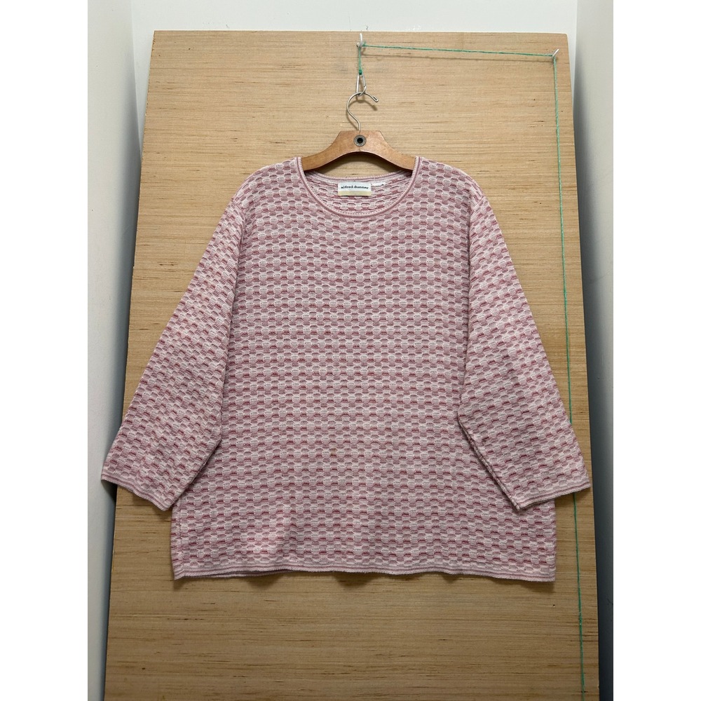 Alfred Dunner Woman Pink Textured Geometric Knit Crew Neck 3/4 Sleeve Sweater